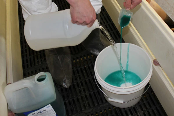 Photo of Blue2 being added to a white pail