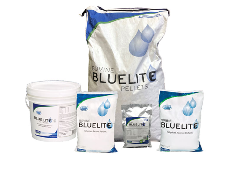 Photo of the BlueLite product line including small and large bags and pails