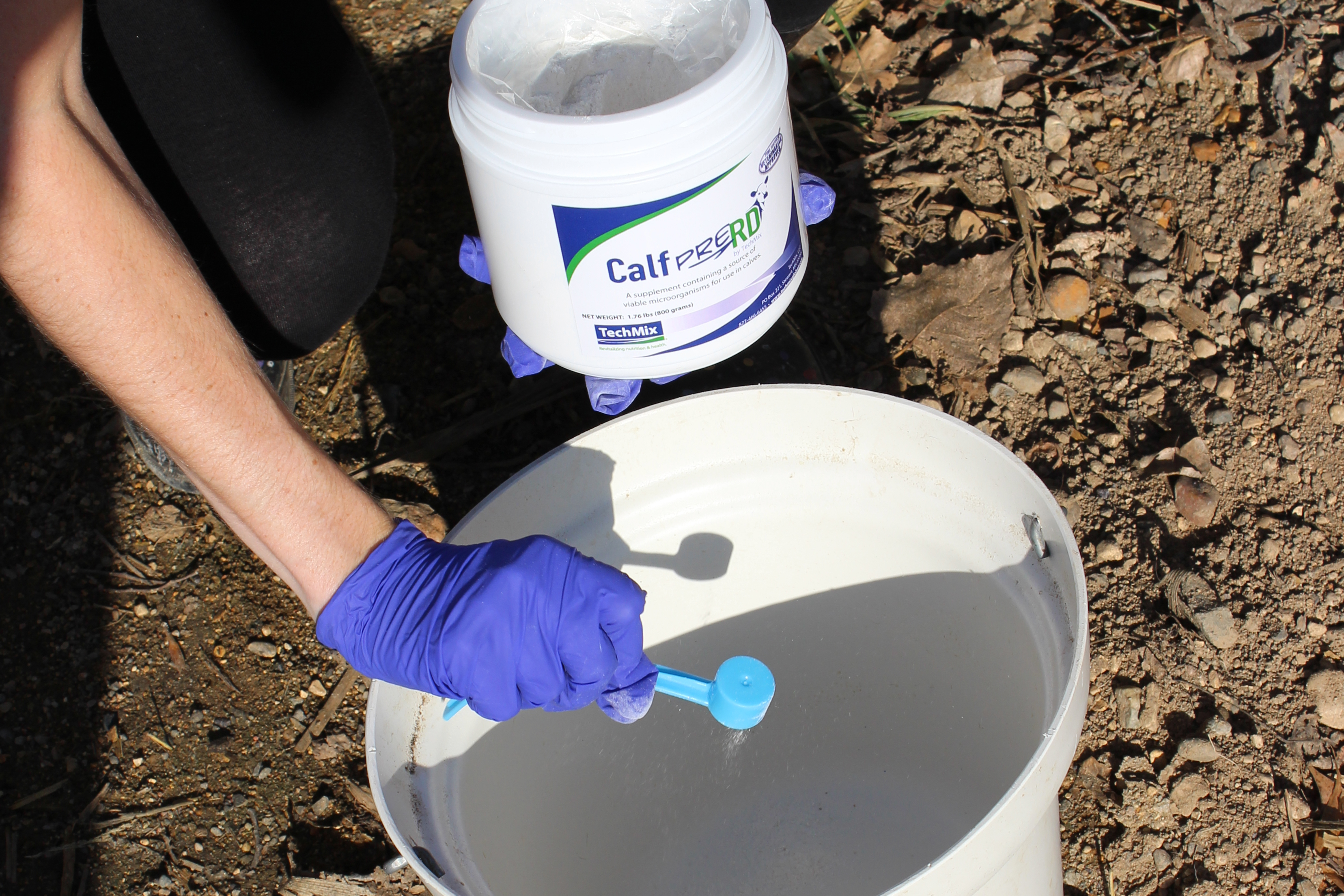 Photo of Calf PreRD® for beef calves being added to a pail