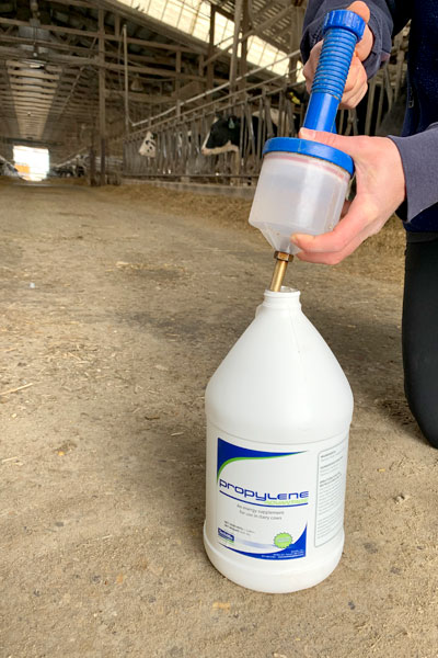 Photo of a quantity of Propylene Advantage being measured out of a bottle