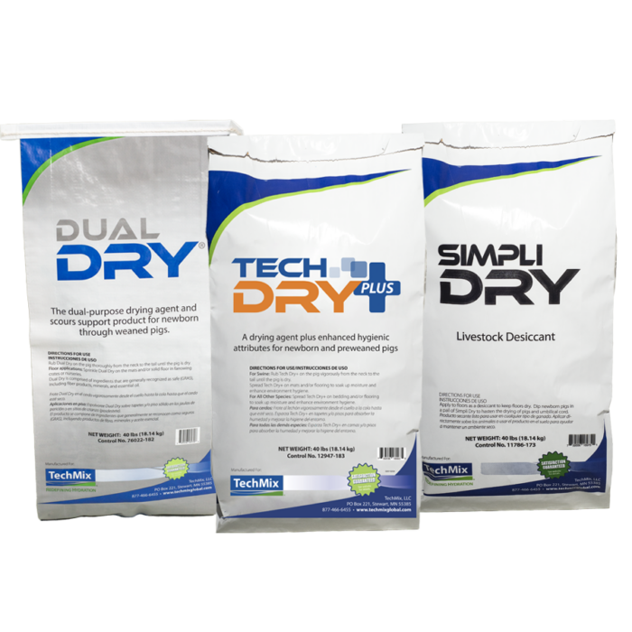 Photo of three desicant bags, Dual Dry, Tech Dry Plus and Simply Dry