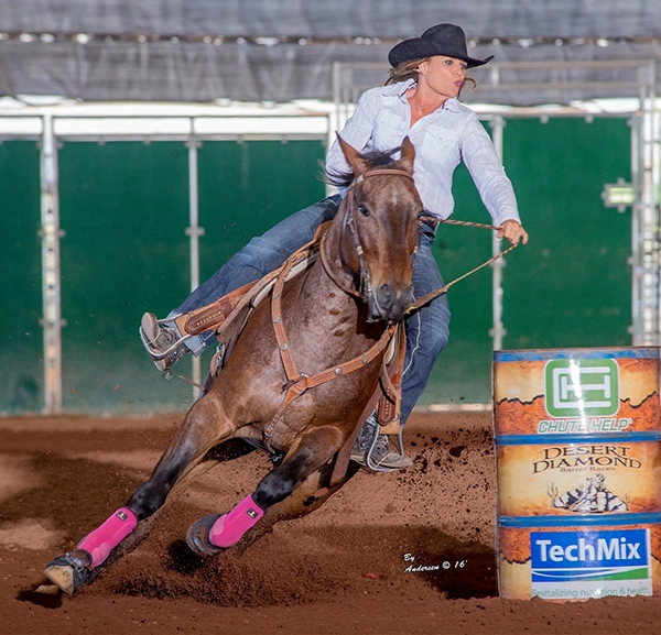 Image of a horse and rider on a barrel course