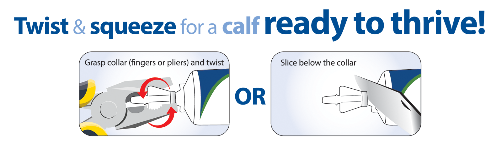 Graphic directions for how to open a Calf Perk Tube. Grasp the collar of the tube with fingers or pliers and twist the top off or slice below the collar of the tube with a knife.