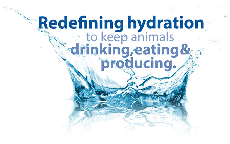 Splashing water graphic that has word that say Redefining hydration to keep animals drinking, eating & producing